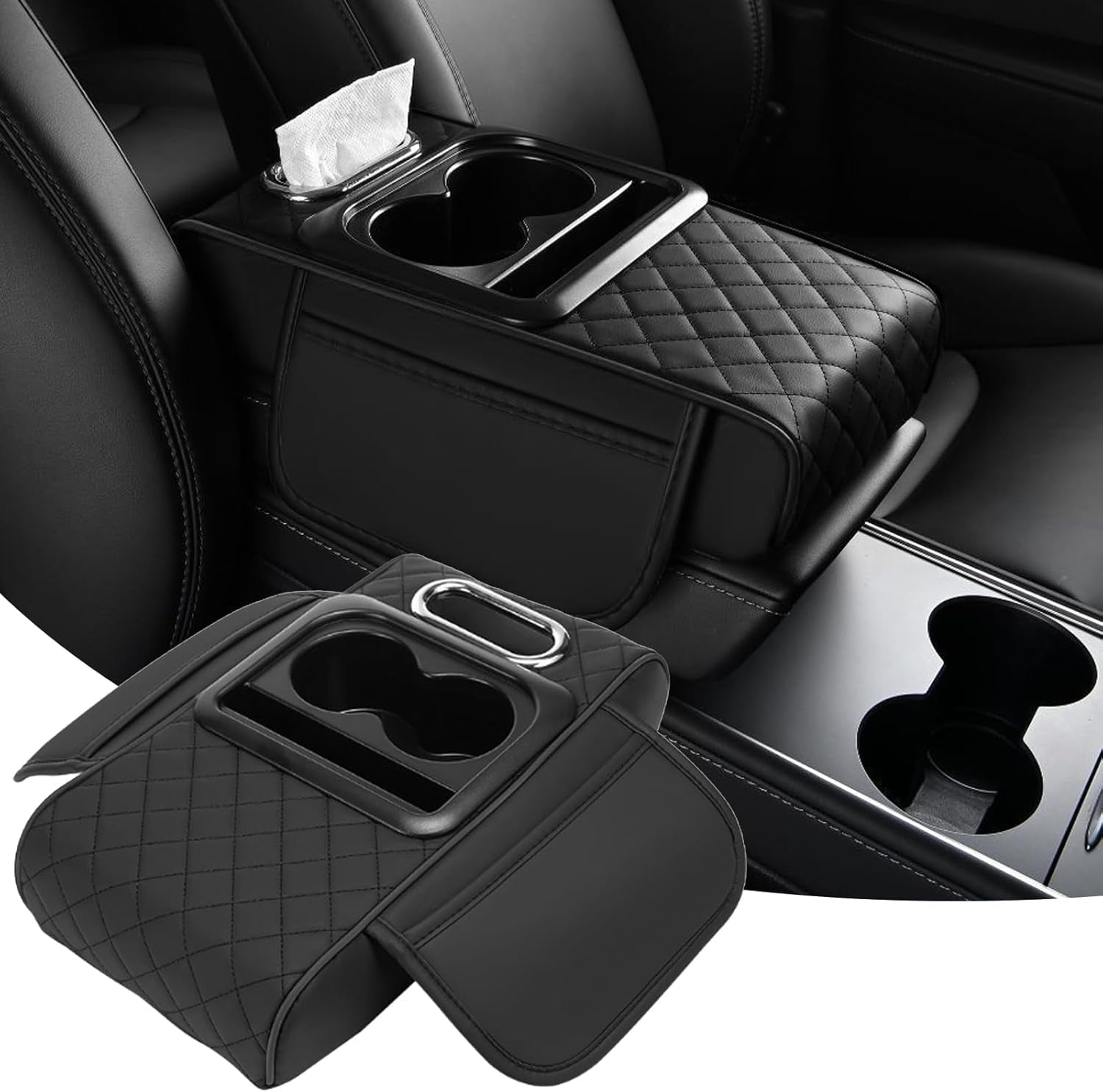 Car interior accessories armrest box with 2 Side Pockets, Cup Holder, Phone Holder, and Tissue Box, Memory Foam Center Console Organizer for Most Sedans and SUVs