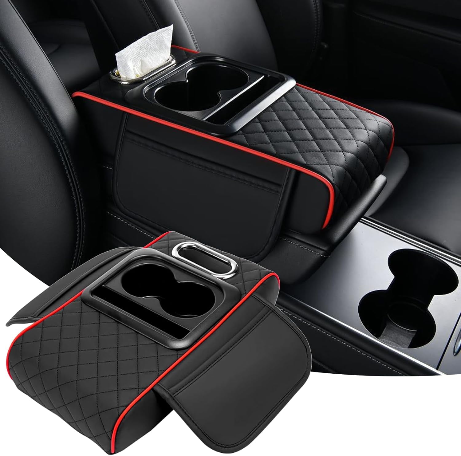 Car interior accessories armrest box with 2 Side Pockets, Cup Holder, Phone Holder, and Tissue Box, Memory Foam Center Console Organizer for Most Sedans and SUVs