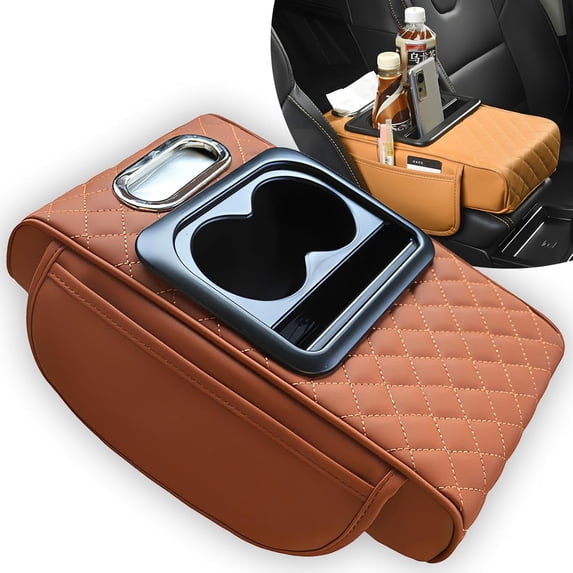 Car interior accessories armrest box ,Multifunctional PU Leather Car Armrest Box Mat,Center Console Cover with 2 Cup Holder, For Storing Tissues,Phones,Wallets,Drinks,for Most Cars