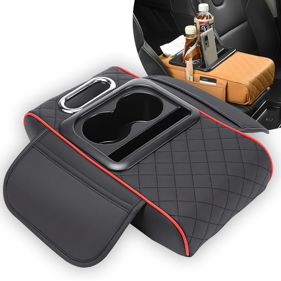 Car interior accessories armrest box ,Multifunctional PU Leather Car Armrest Box Mat,Center Console Cover with 2 Cup Holder, For Storing Tissues,Phones,Wallets,Drinks,for Most Cars