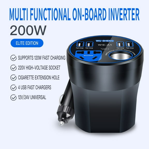 Car inverter 12V24V to 220V power converter multifunctional car socket charger mobile phone fast charging,black