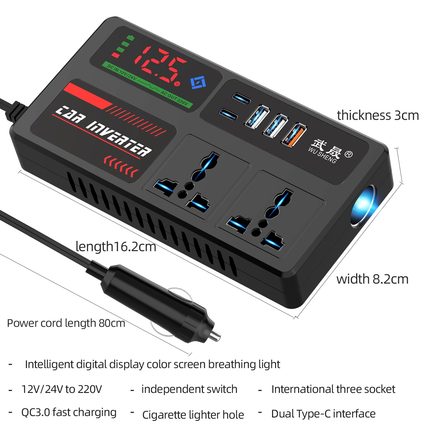 Car inverter 12v24v to 220V converter, household power transformer, charging socket,black