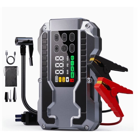 Car jumper starter with air compressor 160PSI, 6000A car battery jumper starter portable 12V jumper box (all natural gas/12L), cordless tire charger,6000mAh power bank, LED light, safety hammer