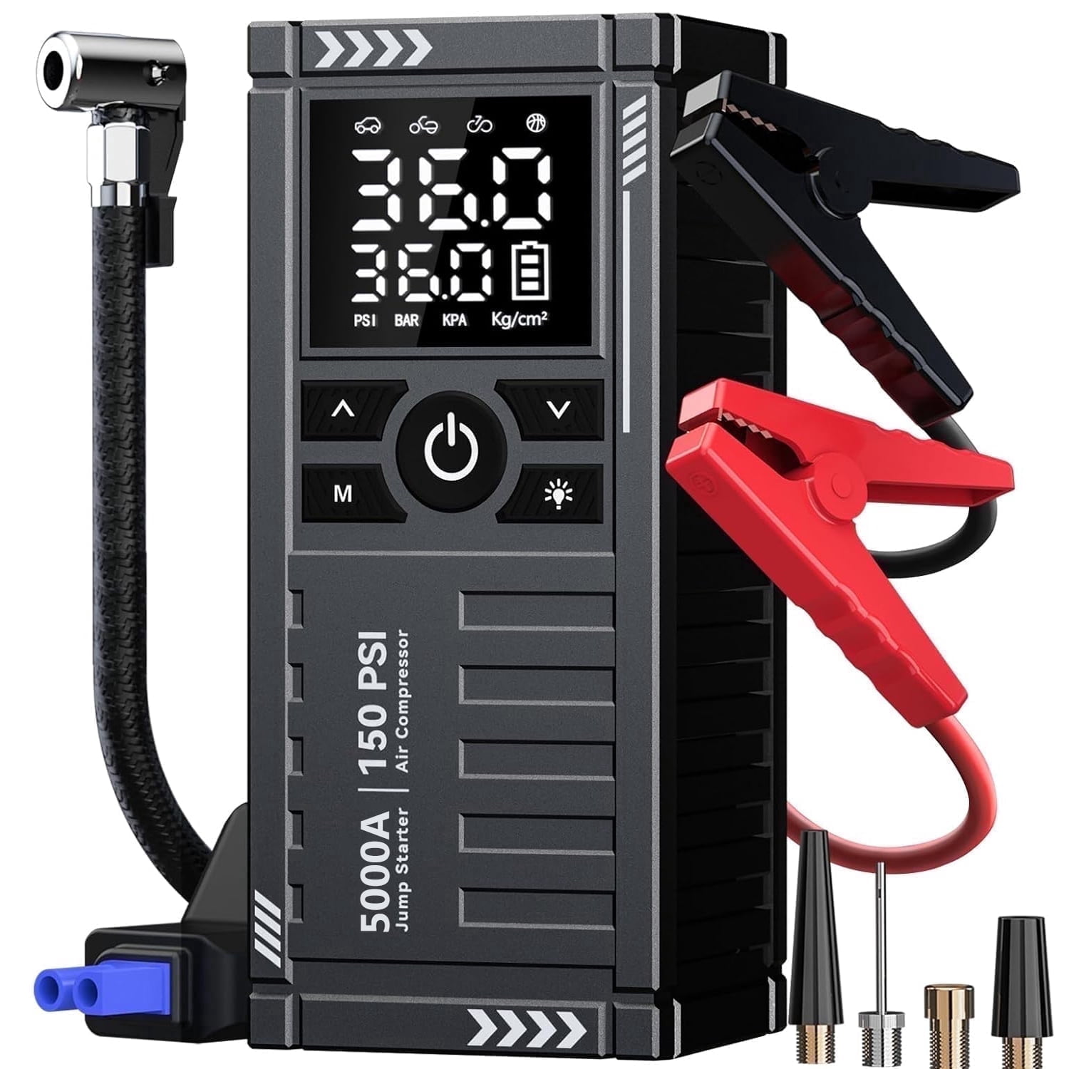 TRAKAR Car Battery Charger Jump Starter with Air Compressor, 5000A 150PSI (9.0 Gas/8.0L Diesel), 14.8V Jump Box Car Battery Jumper Starter Portable with Jumper Cables, LCD Display, Lights