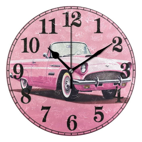 Car on Pink Silent Wall Clock 10" Non-Ticking Battery Clock