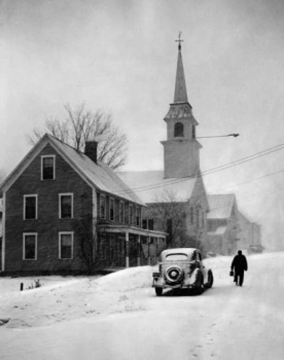 Car parked in front of a church in winter Canvas Art - (18 x 24)