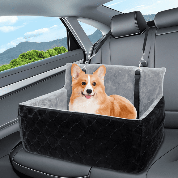Elevated Dog Booster Car Seat Memory Foam Travel Bed with Washable Cover Safety Belt Storage Pockets for Medium Large Dogs Up to 55 Lbs