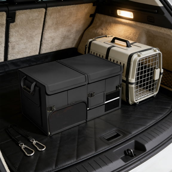 Car trunk organizer with lid | foldable collapsible storage box, waterproof oxford cloth, 60x33x30cm, portable container for backseat, camping gear, groceries, tools | sturdy handles & secure cover