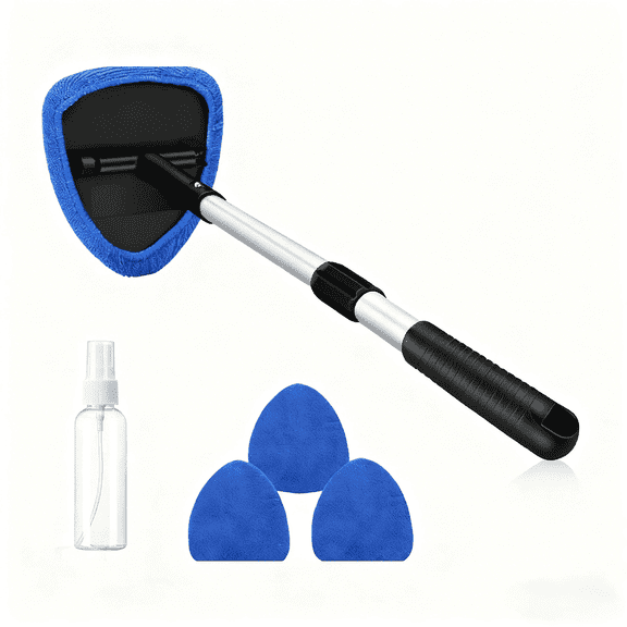 COREBAY Car Inside Windshield Cleaning Tool, Interior Cleaning Set W/Extendable Handle & 4 Reusable Ultra-Fine Fiber Pads, (Ultra Fine Cleaning Brushes) Car Glass Wiper Brush Kit, Blue, 13.4"×19.8"