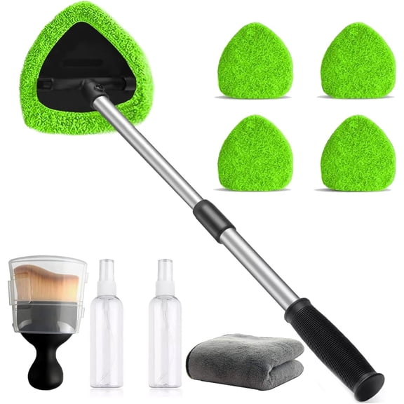 Car windshield cleaning tools, expandable car window cleaning set, comes with 4 reusable microfiber pads, bottles, windshield cleaning rod tools, car interior dust brush, suitable for trucks, RVs, et