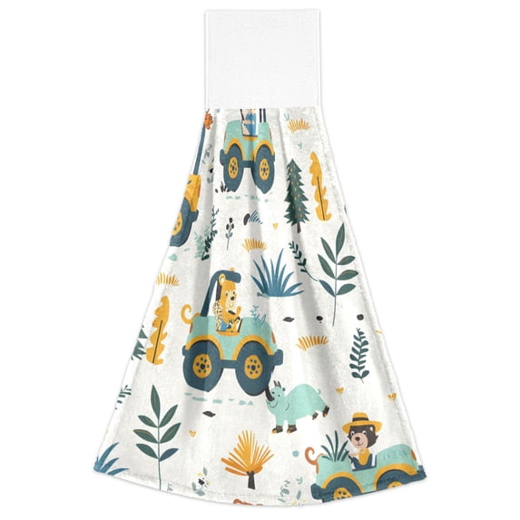 Car with Animal Hand Towels 2 Pack Quick Dry Velvet Soft with Velcro Kitchen Bath 14x18in