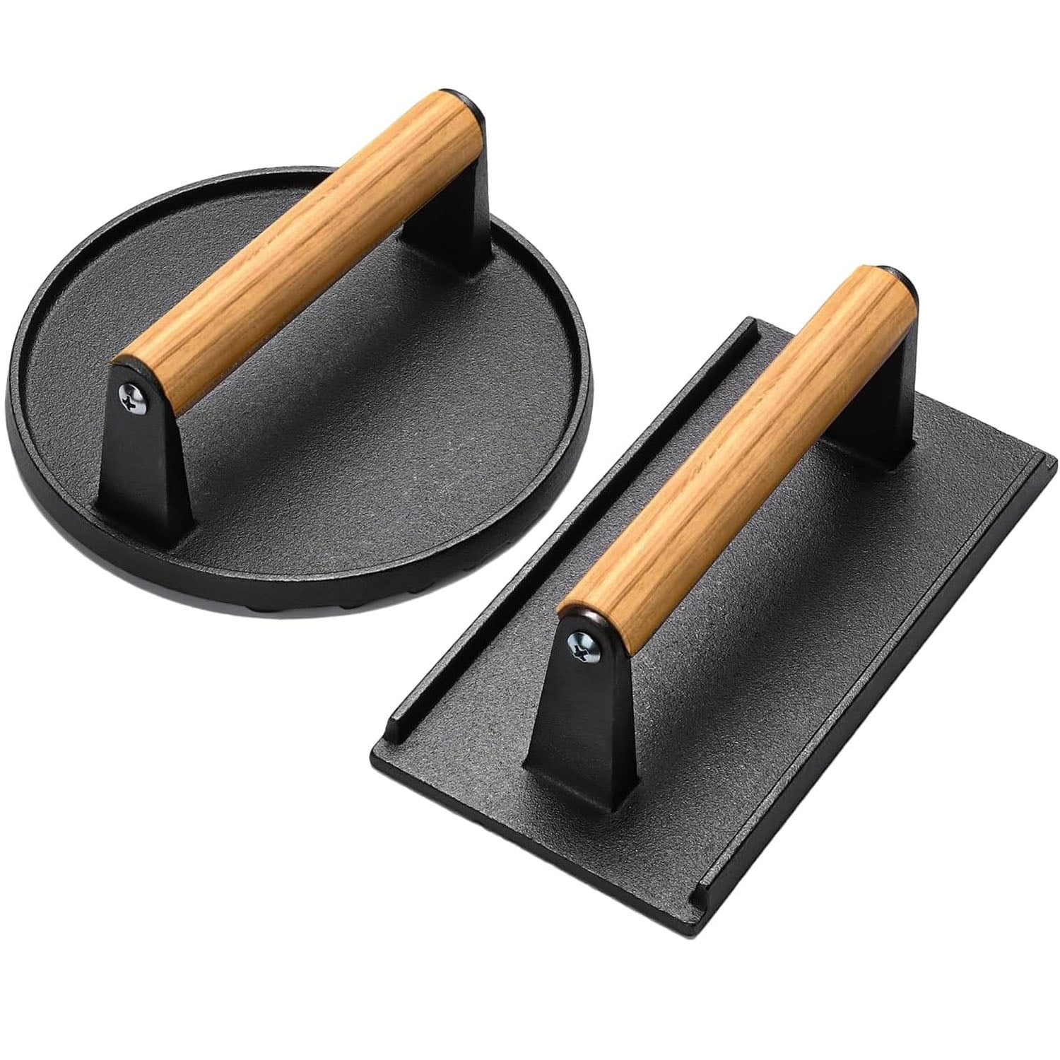 2 Pcs Cast Iron Presses with Wood Handle, Burger Press Camping Griddle