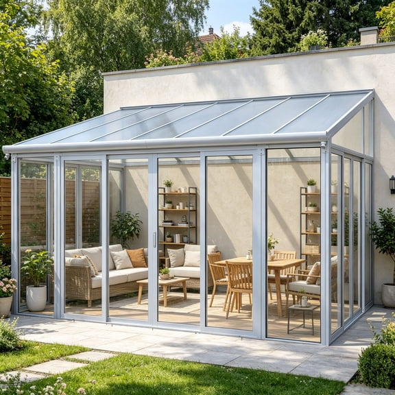 CarButler 14x10ft Wall-Mounted Sunroom,Enclosed Patio Cover Gazebo Solarium with Polycarbonate Roof and Sliding Doors for Deck or Patio White