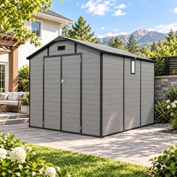 CarButler 8x10ft Plastic Outdoor Storage Shed Resin Tool Shed with TP Skylight,Window and Floor for Garden Patio Backyard Dark Gray