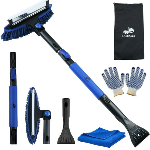 CarCarez 39" Extendable 3-in-1 Snow Brush with Ice Scraper & Squeegee, Winter Car Care Bundle with Microfiber Towel & Grip Gloves