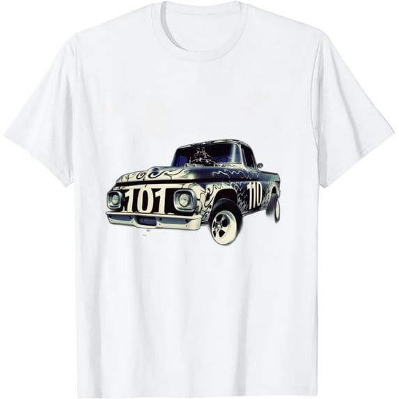 CarGeekTees 1971 F100 Pickup Truck Three Quarter View with Year and Model Name Dark Color T Shirt