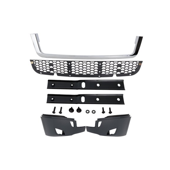 CarLights360 For Freightliner Cascadia 2018-2024 Bumper Front | Plastic | Powder Coated | Gray | Heavy Duty | Chrome Strip And Complete Grille | With Holes For Fog Light | Replacement For A2129370001