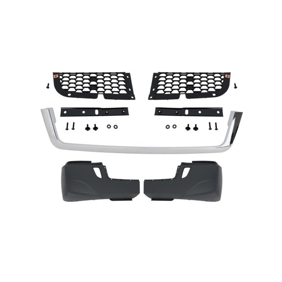 CarLights360 For Freightliner Cascadia 2018-2024 Bumper Front | Plastic | Powder Coated | Gray | Heavy Duty | With Chrome Strip And Two-Piece Grille | Excluded Fog Light Hole