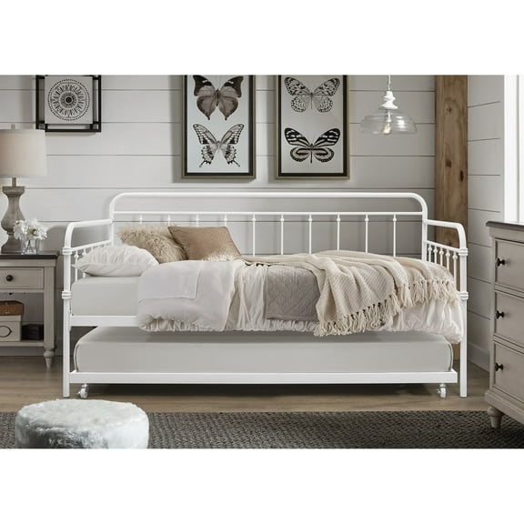Home Design Cara Twin Daybed with Pull-Out Trundle, Metal Frame with Openwork Design, Slender Spindles, Durable and Stylish for Guest Room, White