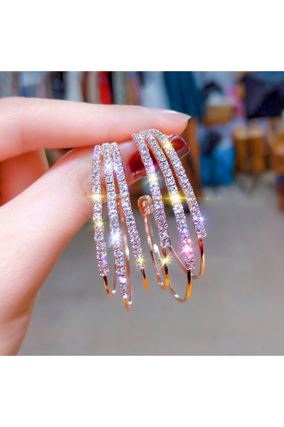 Needle Hoop Earrings For Women Jewelry Rose Gold Statement Rhinestone Crystal Punk Large Round Earrings Birthday Anniversary Valentines Day Gift Rose Gold