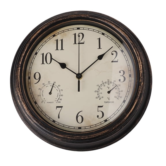 CaraMart 12'' Waterproof Wall Clock With Thermometer And Hygrometer For Garden Retro Waterproof Clock Noise-Free Clock For Indoor/Outdoor