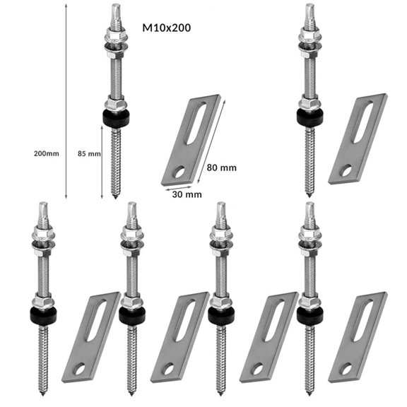 CaraMart Stainless Steel Hanger Bolts M10 with Adapter Plate - Pack of 6 for Safe PV