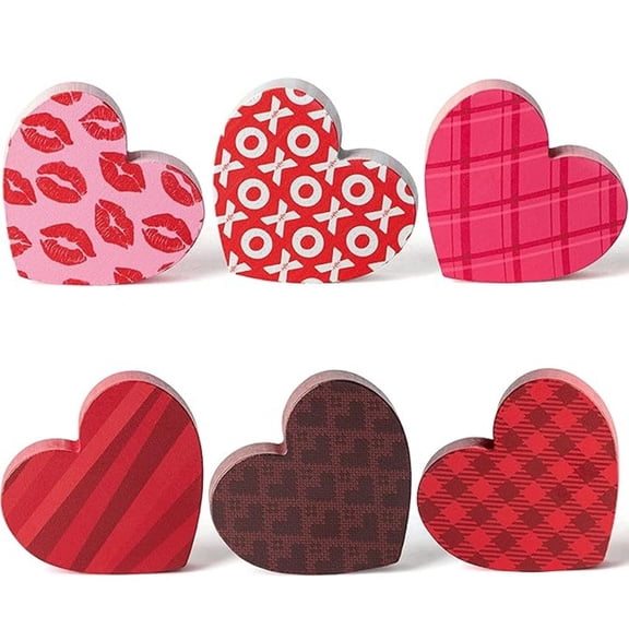 CaraMart Valentines Day Wooden Table Decor 6 Piece Set Cartoon Style Double Sided Printed