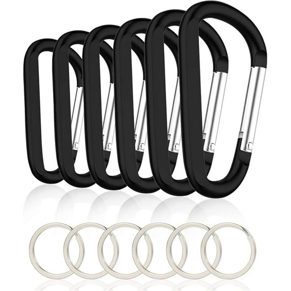 MEC 6PCS Black Carabiner Caribeaner Clip,3" Large Aluminum D Ring Shape Carabeaner with 6PCS Keyring Keychain Hook…