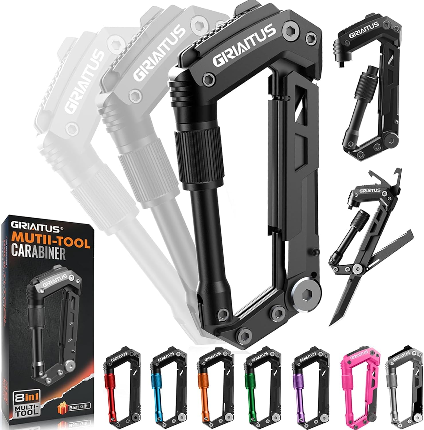 Carabiner Multitool 8-in-1 EDC Carabiners Pocket Knife, Serrated Rope Cutter, Screwdriver, Can Bottle Opener, Ruler, Survival Gear for Camping Climbing Hiking, Gifts Men ()