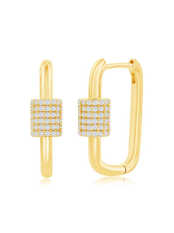 Carabiner Rectangle-Shaped Paperclip Link Design with Simulated Diamond CZ Bar Latch-Back Dangling Earrings 14k Gold Plated Sterling Silver Jewelry for Women or Teens