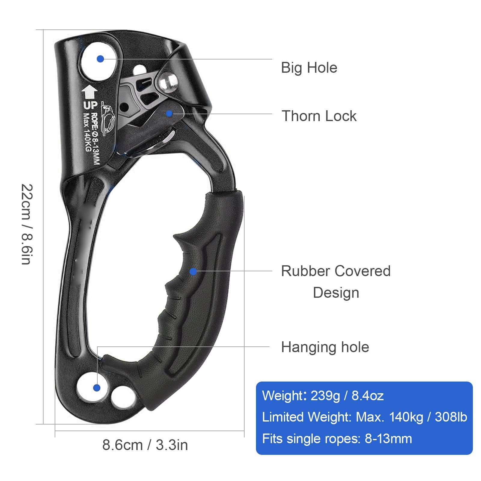 Carabiners Ascender Carabiners Lightweight High Strength Aluminum Alloy Hiking Buckle, Ergonomic Handle Design Carabiners Secure Rope Grip, Rock Mountain Gear Right Hand with