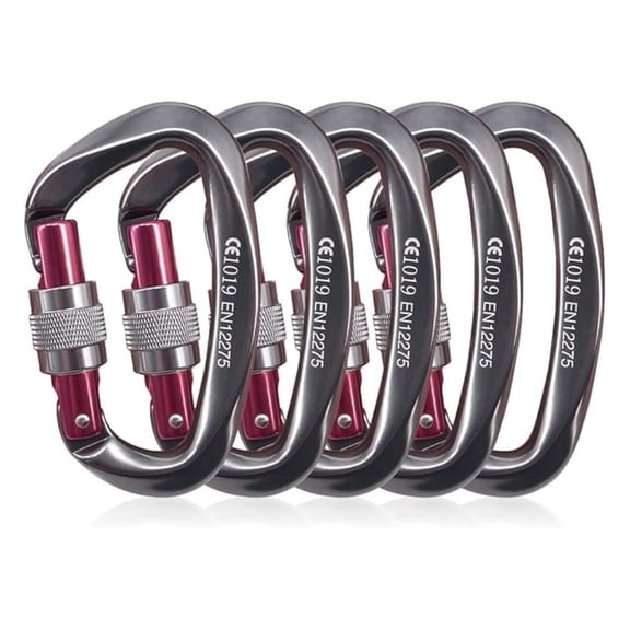 Carabiners Locking 24KN Heavy Duty 5 Pack - Screwgate D Shape Clips for Climbing, Hiking, Camping, Dog Leash, Hammock - Steel Safety Buckle