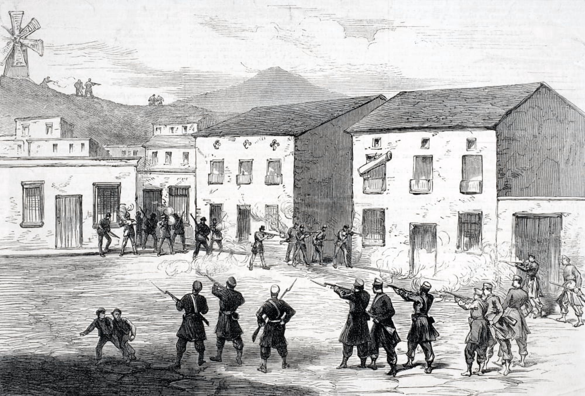 Carabiniers Resisting The Insurgents At Cartagena Murcia Province Spain During 3Rd Carlist War From Illustrated London News October 4 1873 Canvas Art - Ken Welsh Design Pics (34 x 22)