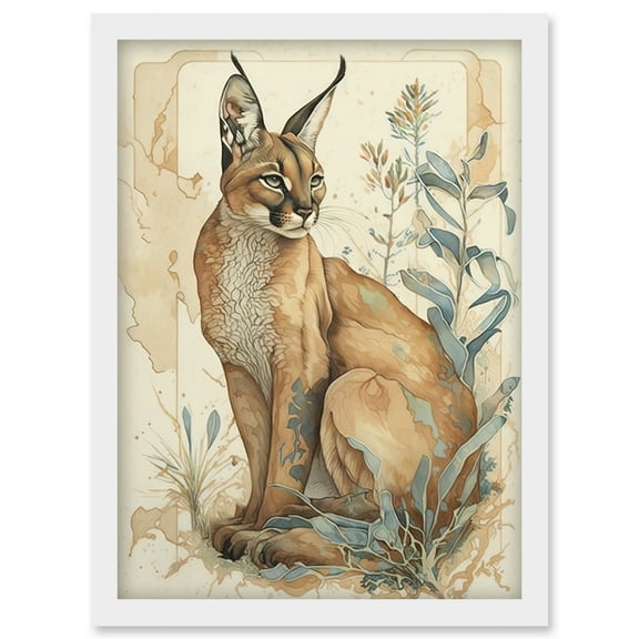 Caracal Cat with Teal Plants Modern Pastel Watercolour Illustration Artwork Framed Wall Art Print A4