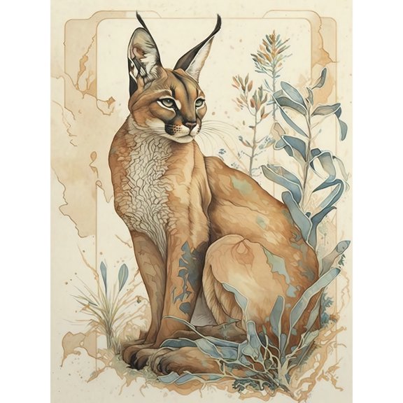 Caracal Cat with Teal Plants Modern Pastel Watercolour Illustration Extra Large XL Wall Art Poster Print