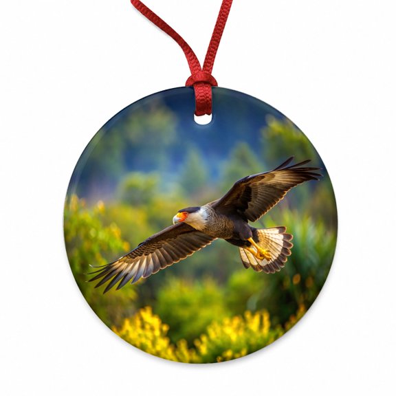Caracara Raptor in Flight Christmas Tree Holiday Round Ceramic Ornament