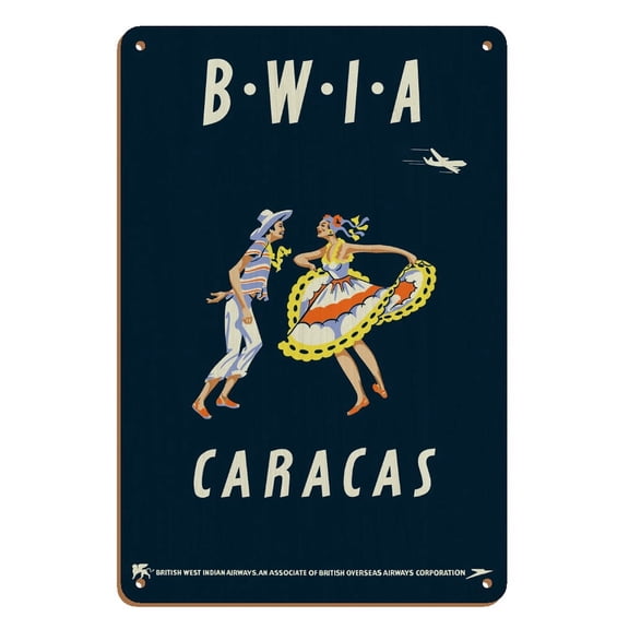 Caracas Venezuela - British West Indies Airways BWIA (Bee-Wee) - Vintage Airline Travel Poster by Dick Negus & Philip Sharland c.1950s - 8 x 12 inch Vintage Wood Art Sign