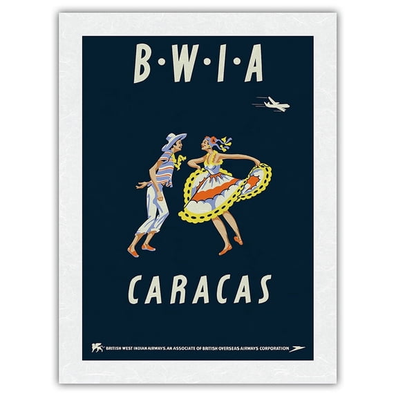 Caracas Venezuela - British West Indies Airways BWIA (Bee-Wee) - Vintage Airline Travel Poster by Dick Negus & Philip Sharland c.1950s - Japanese Unryu Rice Paper Art Print 24 x 32 in