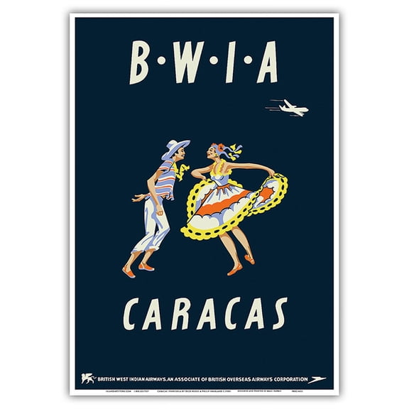 Caracas Venezuela - British West Indies Airways BWIA (Bee-Wee) - Vintage Airline Travel Poster by Dick Negus & Philip Sharland c.1950s - Master Art Print 10in x 14in