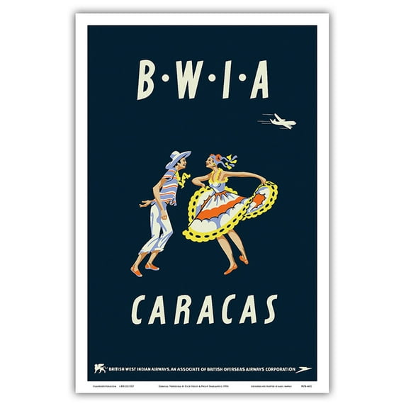 Caracas Venezuela - British West Indies Airways BWIA (Bee-Wee) - Vintage Airline Travel Poster by Dick Negus & Philip Sharland c.1950s - Master Art Print (Unframed) 12in x 18in