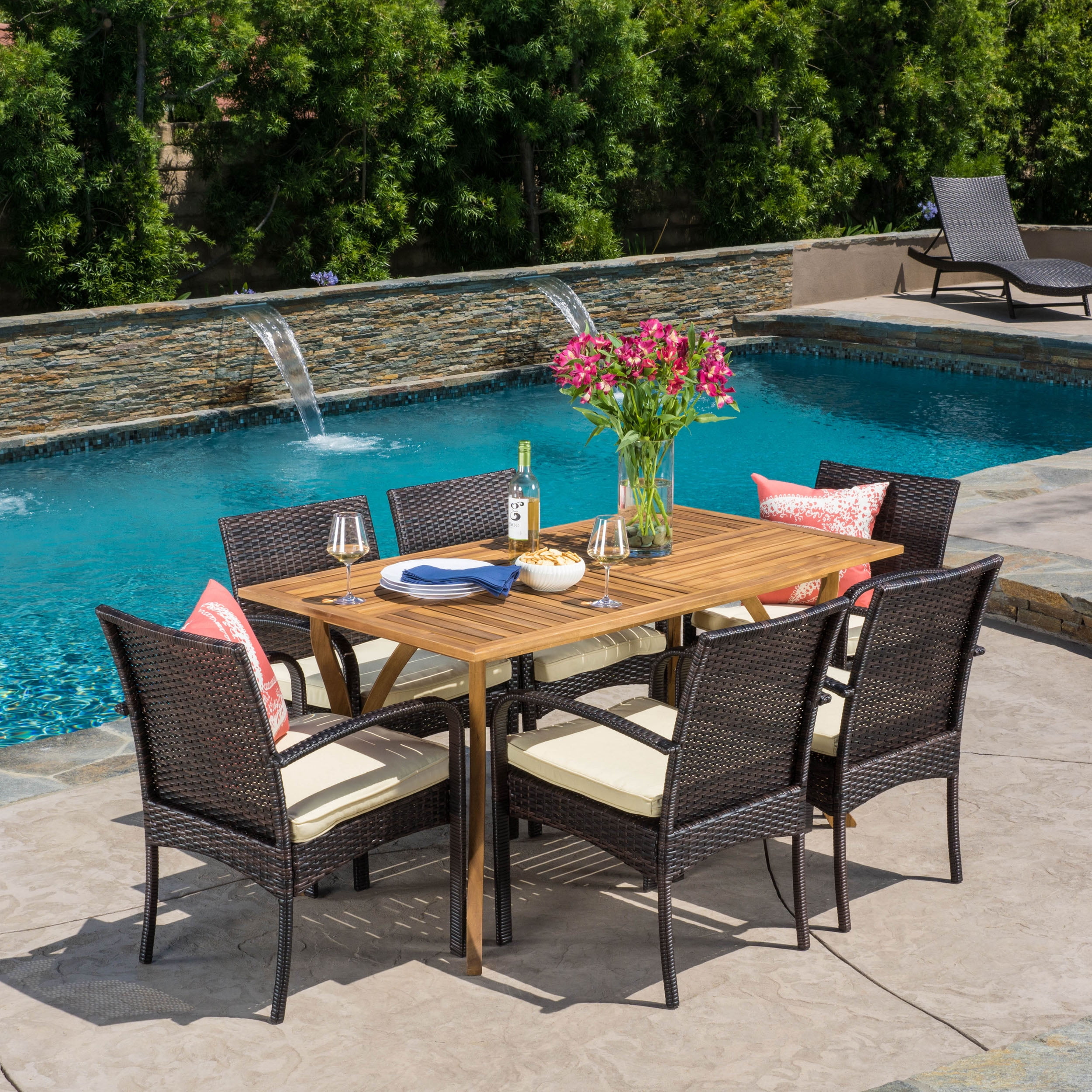 Caraga 7 Piece Outdoor Wicker and Acacia Wood Dining Set with Cushions, Multibrown, Creme