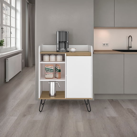 Carajillo Small Freestanding Multi-Functional Coffee Station Table with Top Counter Space, Three Open Shelves and One Door Storage Cabinet, White