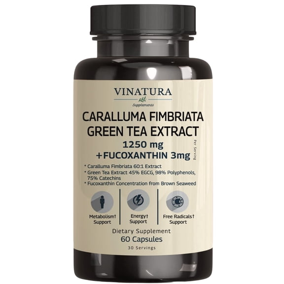 Caralluma Fimbriata, EGCG 45% Extract 1250mg + Fucoxanthin 3mg per Serving *USA Made & Tested* for Immune Support, Energy and Mental Focus - 60 Capsules 30 Servings