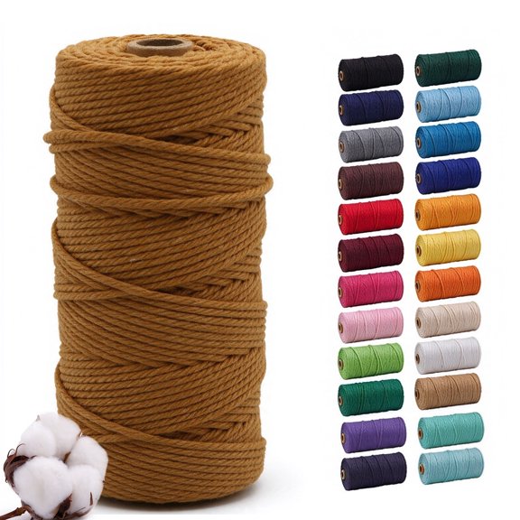 Caramel 3mm Macrame Cord, 110 Yards Natural Cotton Cord, Macrame Rope Yarn for DIY Crafts, Wall Hangers, Plant Holders, Knitting, Wedding Decor (1 Roll)