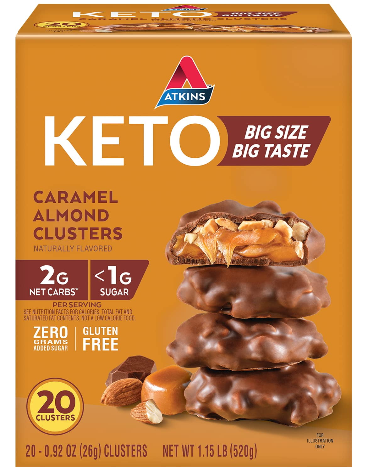 Caramel Almond Clusters, Gluten Free, High in Fiber, 1g Sugar, 2g Net Carb, Keto Friendly, 20