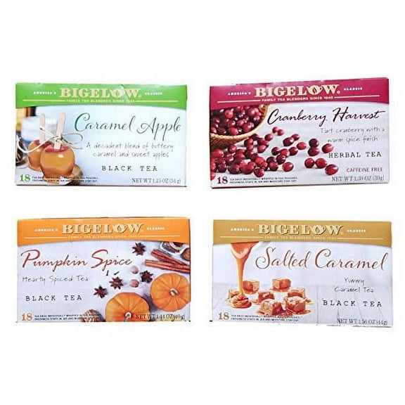 Caramel Apple, Cranberry Harvest, Pumpkin Spice, Salted Caramel - Tea Bags - Limited Edition Fall Variety Bundle of 4 - 72 Total Tea Bags