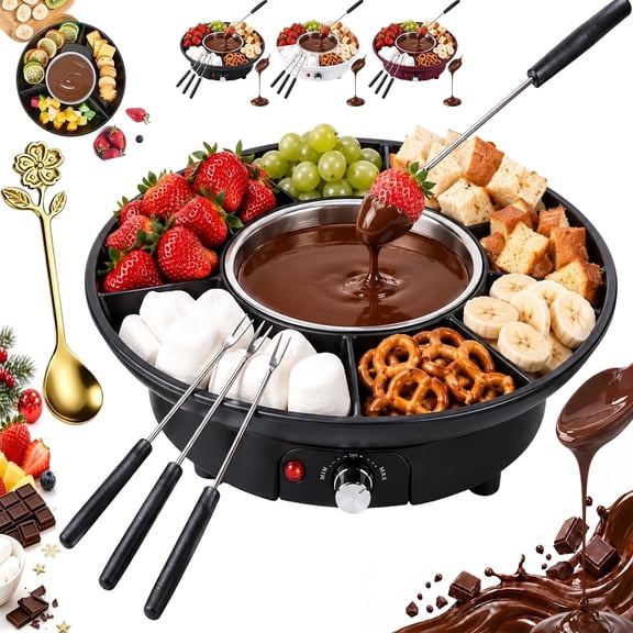 Caramel Apple Maker Tray with Warmer, Electric Fondue Set,Electric Heated Melting Bowl with Sectioned Topping Trays. Precise Temperature Control Melts Chocolate without Burning