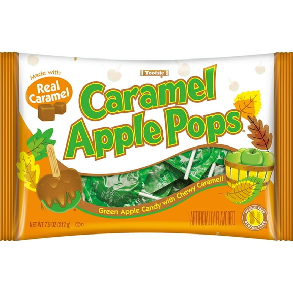 Caramel Apple Pops, Caramel Coated Green Apple Lollipops, Individually Wrapped, 7.5 oz. Peanut Free, Gluten Free.  Contains Milk and Soy.
