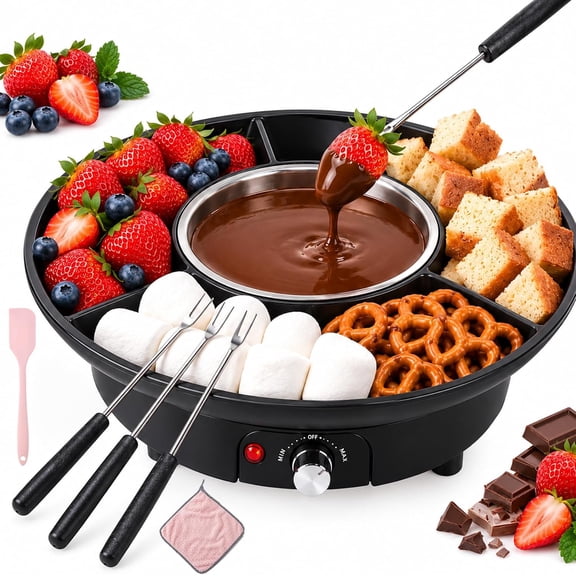 Caramel Apple Tray with Warmer, Electric Fondue Set for Party,Electric Heated Melting Bowl Keeps Chocolate Smooth without Burning, Featuring Sectioned Trays for Easy Fruit Dipping