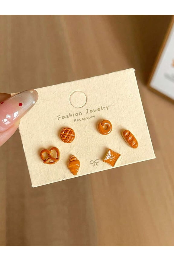Caramel Bakery-Themed Stud Earring Set One Size B - 6pcs Food Design Jewelry